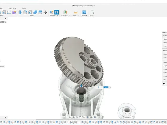 Capture d'écran d'une interface de logiciel de modélisation 3D présentant un engrenage attaché à une pièce mécanique.