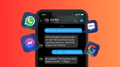 Écran de smartphone affichant une conversation Messenger avec des icônes de messagerie, WhatsApp, Google, SMS et Facebook Messenger flottant autour, sur un fond dégradé rouge-orange.