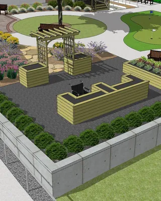 Un plan d'aménagement paysager d'un espace extérieur avec des zones de détente, des plantations de fleurs et un parcours de putting de golf.