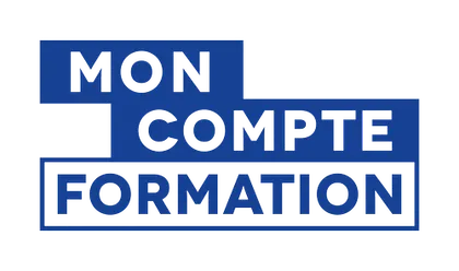 Logo avec le texte "Mon Compte Formation" en lettres blanches sur un fond bleu, avec un style de blocs empilés.