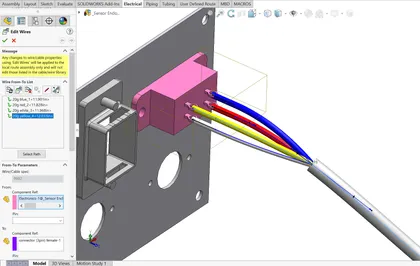 Schéma d'une connexion électrique avec plusieurs câbles colorés entrant dans un boîtier électrique en 3D.