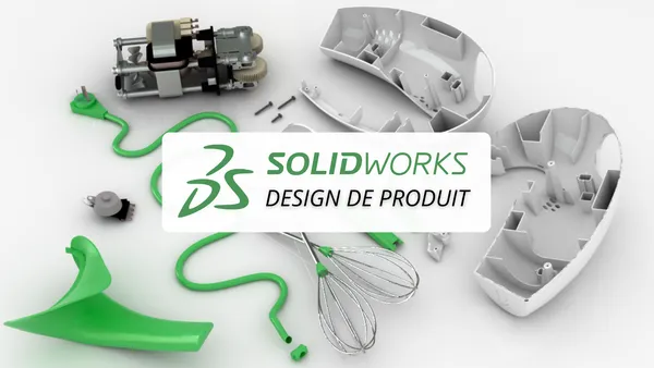 Logo SOLIDWORKS avec des pièces de produit et des outils de conception sur une surface blanche.