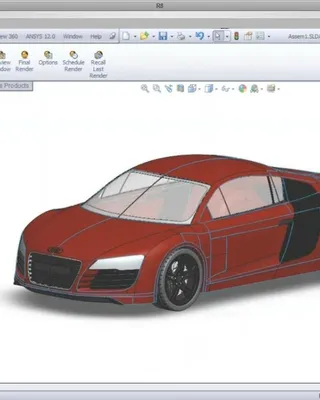 Modélisation 3D d'une voiture rouge sportive dans le logiciel SolidWorks