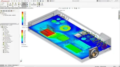 Simulation de répartition thermique d'un circuit électronique dans un boîtier en logiciel CAD.