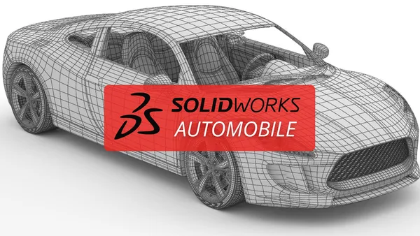 Modèle 3D d'une voiture sportive avec wireframe visible, surmontée d'une bannière rouge avec le texte 'SOLIDWORKS AUTOMOBILE'