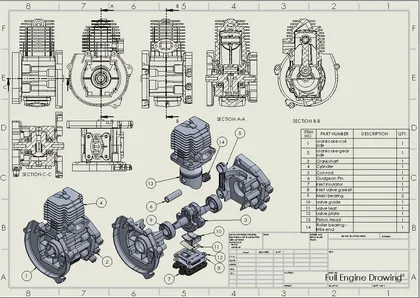 Dessins techniques d'un moteur de moto avec vue éclatée montrant les différentes pièces numérotées, incluant cylindres, voile, piston, arbre à cames, et autres composants. Un tableau en bas à droite liste les pièces avec leur description.