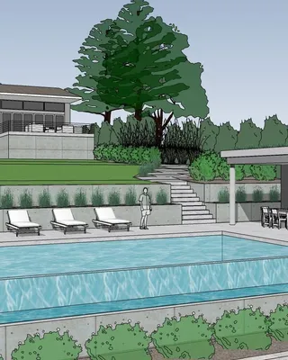 Plan architectural d'une maison moderne avec piscine, espace lounge, terrasse et jardin verdoyant avec arbres.