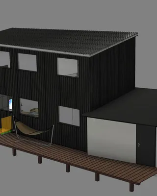 Modèle 3D d'une maison à deux étages avec un extérieur noir, une terrasse en bois et un garage.