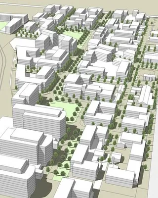 Plan d'un projet d'aménagement urbain avec des bâtiments modernes et des espaces verts.