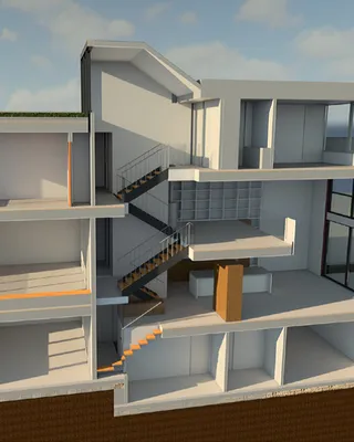 Vue en coupe d'une maison moderne avec plusieurs étages, escaliers intérieurs, murs blancs, grandes fenêtres et un extérieur en brique.
