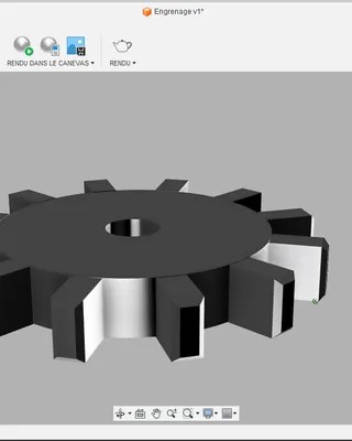 Une image d'un logiciel de conception 3D montrant un modèle de pièce mécanique en forme de roue avec plusieurs dents. Le logiciel affiche différentes options et paramètres pour la visualisation et l'édition du modèle.