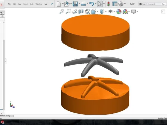 Modélisation 3D d'une chaise de bureau avec assise, dossier, support et bases, dans le logiciel SOLIDWORKS.