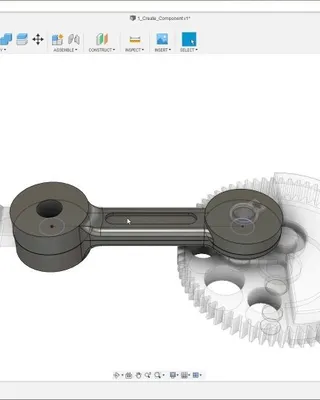 Modélisation 3D d'un composant mécanique avec engrenages et pièces connectées dans un logiciel de conception assistée par ordinateur.