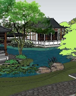 Un jardin paisible avec un étang, un pavillon en bois, des arbres verts, des rochers et une architecture asiatique traditionnelle.
