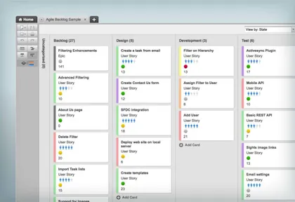 Tableau Kanban pour la gestion de projets avec colonnes Backlog, Design, Développement, Test, affichant des tâches avec différentes couleurs et statuts.
