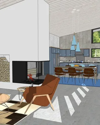 Salle de séjour ouverte avec canapé bleu, fauteuils marron, cheminée, tableau de carte en montagne, cuisine moderne avec îlot central, grande table à manger, murs en bois, fenêtres sur la forêt.