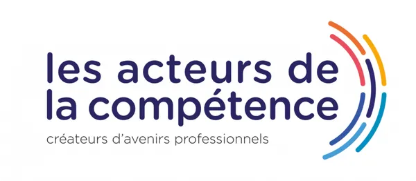 Logo représentant de multiples arcs de couleurs rouges, roses, jaunes, bleues et orange. Texte : 'les acteurs de la compétence - créateurs d'avenirs professionnels'.