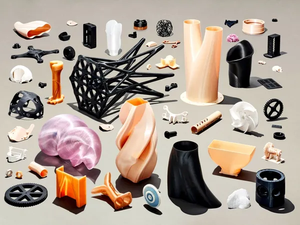 Une collection de pièces variées en plastique, y compris des sculptures, des objets mécaniques, et des formes abstraites, disposées sur un fond gris clair.