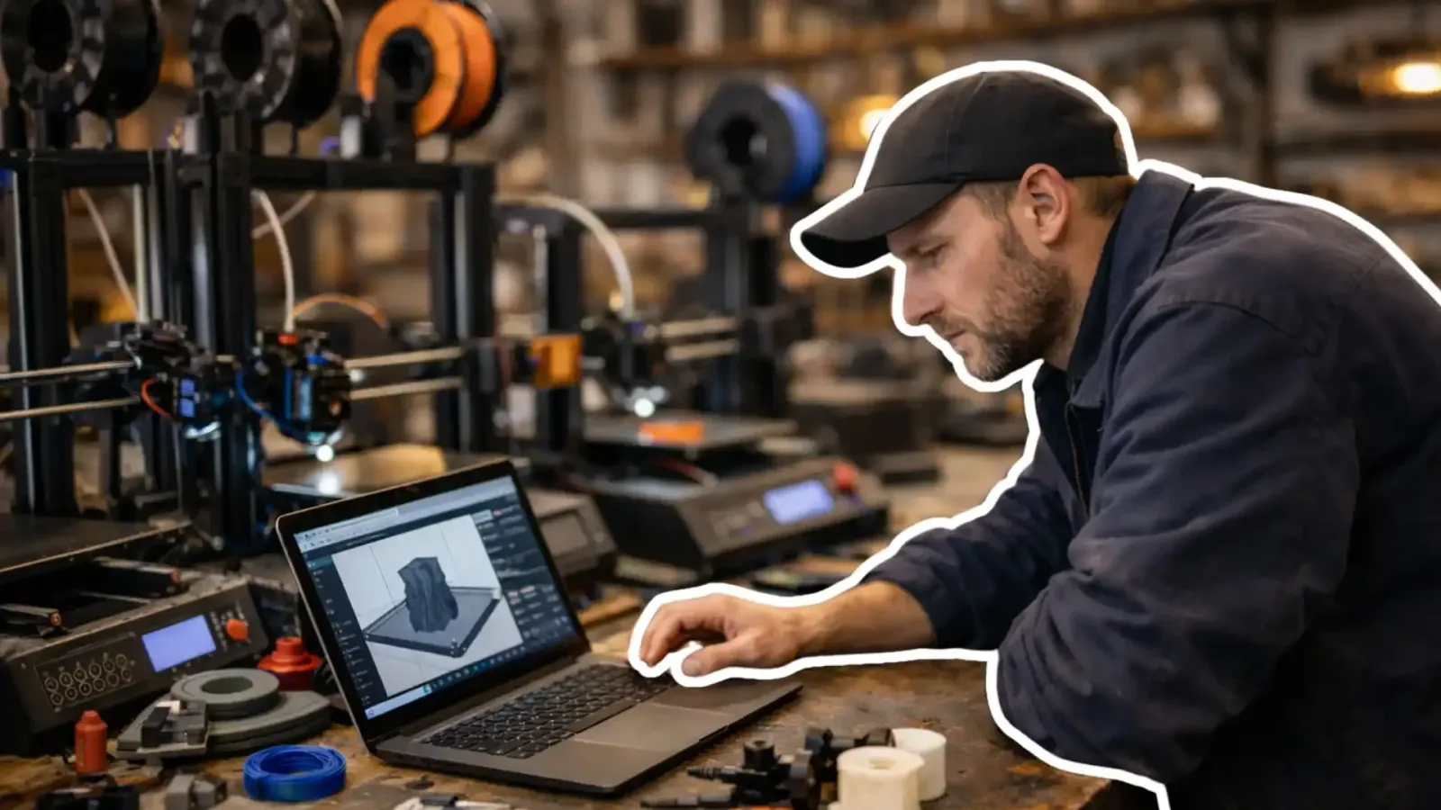 Pièce imprimée en 3D et imprimante FDM dans un atelier