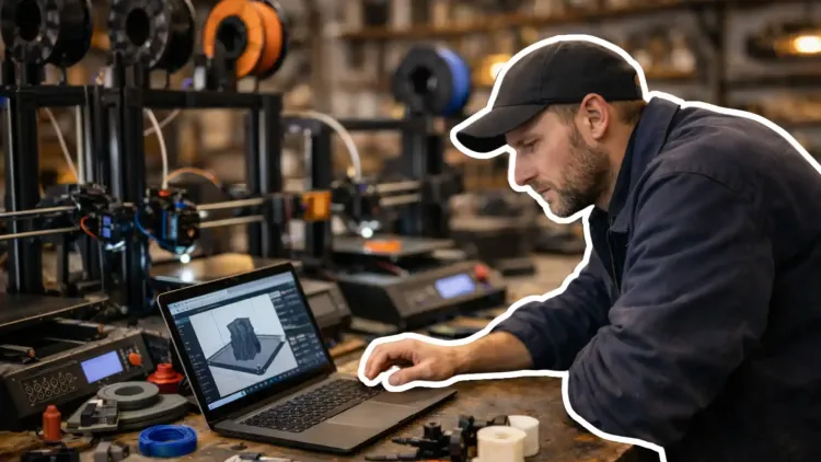 Pièce imprimée en 3D et imprimante FDM dans un atelier