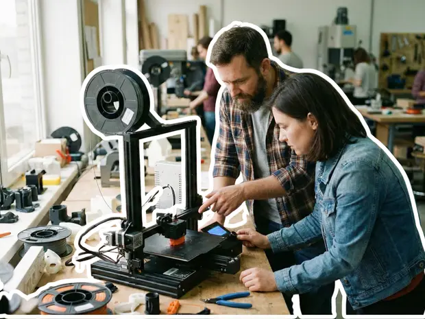 Deux personnes travaillent ensemble sur une imprimante 3D dans un atelier. Autour, on voit des bobines de filament, des outils et d'autres équipements de bricolage.
