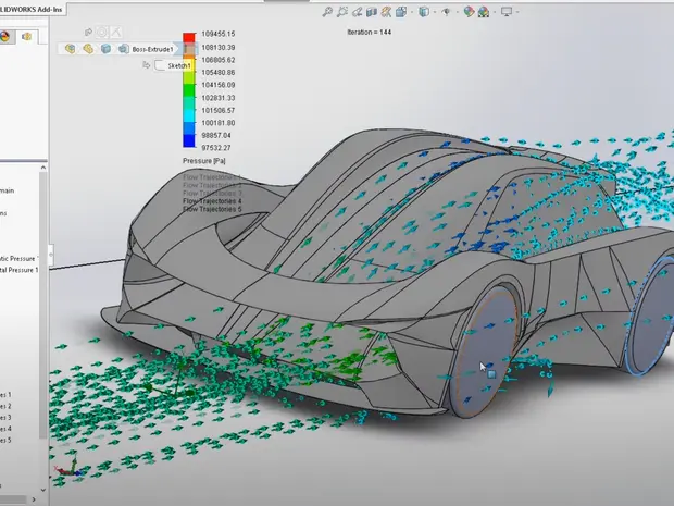 Modélisation d'une voiture de sport dans SolidWorks, affichant des flux de pression et des trajectoires de flux d'air autour du véhicule, avec une légende de couleurs indiquant la pression en Pascals.
