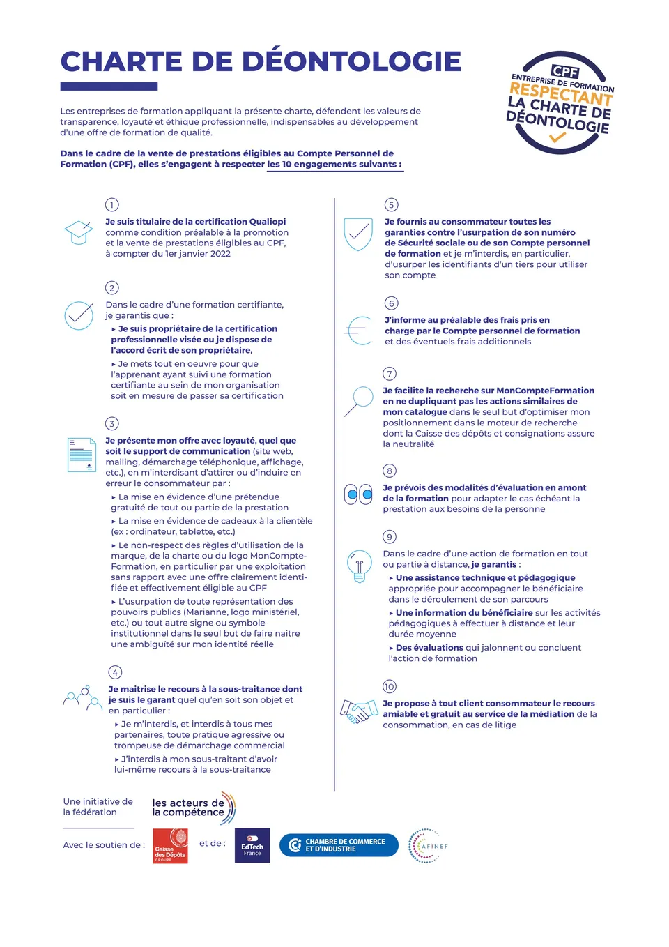 Charte de déontologie avec dix engagements pour la formation professionnelle, comprenant des logos de diverses institutions, texte structuré en dix points, avec une section en haut à droite mentionnant respectant la charte de déontologie.