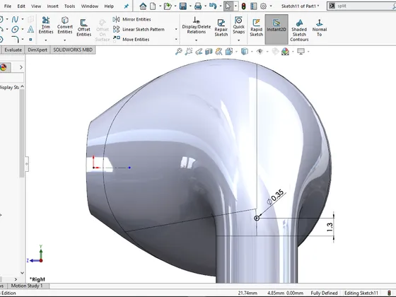 Capture d'écran d'un logiciel SOLIDWORKS montrant un modèle 3D d'une pièce avec des dimensions et des annotations.