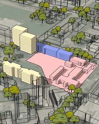 Plan urbain en 3D avec bâtiments colorés et arbres verts, montrant une zone en développement ou en projet immobilier.