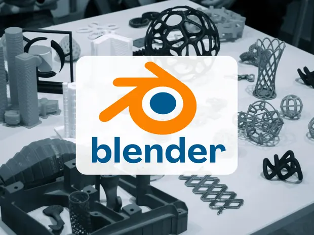 Table avec diverses structures et prototypes en plastique, avec le logo de Blender superposé