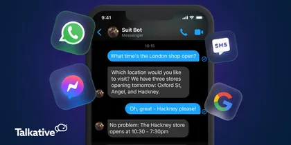 Conversation sur une application de messagerie entre un utilisateur et un bot nommé Suit Bot, discutant des horaires d'ouverture des magasins à Londres, avec des icônes d'applications de messagerie comme WhatsApp, Messenger, SMS et Google.