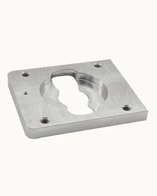 Une pièce métallique en forme de plaque rectangulaire avec un trou central complex et quatre trous de fixation aux coins.