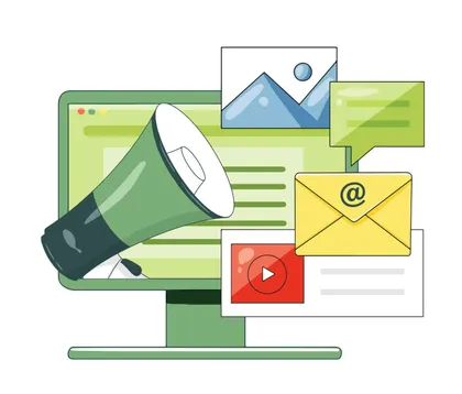 Illustration d'une campagne de marketing numérique avec ordinateur, mégaphone, icônes d'email, de vidéo, d'image et de message texte.