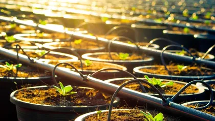 Petits plants en croissance dans des pots de terre sous un ciel ensoleillé avec un système d'irrigation goutte à goutte.