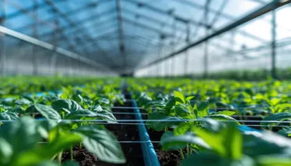 Légumes verts cultivés dans une serre avec système d'irrigation