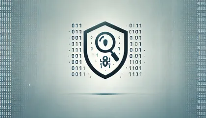 Une image représentant un symbole d'assurance ou de sécurité avec un bouclier, une loupe, une clé, entouré de code binaire 0 et 1.