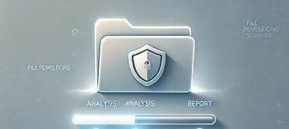 Interface numérique avec dossier de fichiers, symbole de bouclier et cadenas, options d'analyse et de rapport.