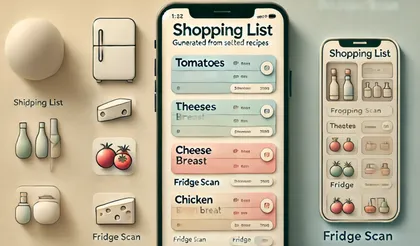 Application de liste de courses affichée sur un smartphone, entourée d'objets de cuisine et d'illustrations de produits comme des tomates, fromages, poulet, et bouteilles, avec un fond clair.