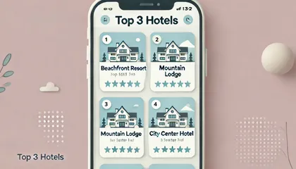 Application mobile affichant le classement des trois meilleurs hôtels, avec des illustrations de maisons et des étoiles de notation, sur un fond rose pastel avec des éléments décoratifs.