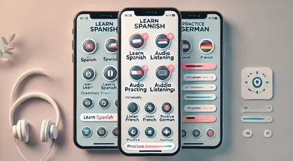 Trois smartphones affichant une application pour apprendre différentes langues, avec options pour apprendre l'espagnol, le français, l'allemand et le russe, et des accessoires comme des écouteurs, une plante et un support télécommande sur un bureau.