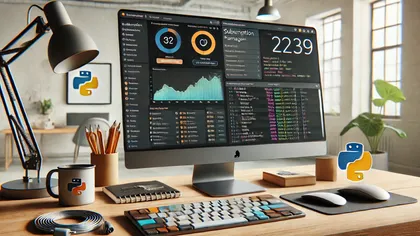 Un bureau avec un ordinateur affichant des graphiques et des données, une lampe de bureau, une tasse avec le logo Python, un clavier, une souris, un carnet, des stylos, et des plantes en arrière-plan dans une pièce bien éclairée.