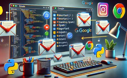 Un bureau avec plusieurs écrans d'ordinateur affichant du code et des listes, une horloge, des icônes de messageries, une plante en pot, des boutons de début de ligne, un clavier, une lampe de bureau, et des icônes de Google, Instagram, Chrome, et des points d'interrogation.