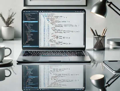 Capture d'écran d'un ordinateur portable affichant du code informatique dans un environnement de bureau avec une lampe de bureau, une tasse, une plante, un smartphone, un pot avec des stylos, et un casque audio.