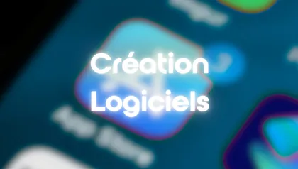 Texte blanc sur un fond flou avec des formes colorées, indiquant 'Création Logicielles'.