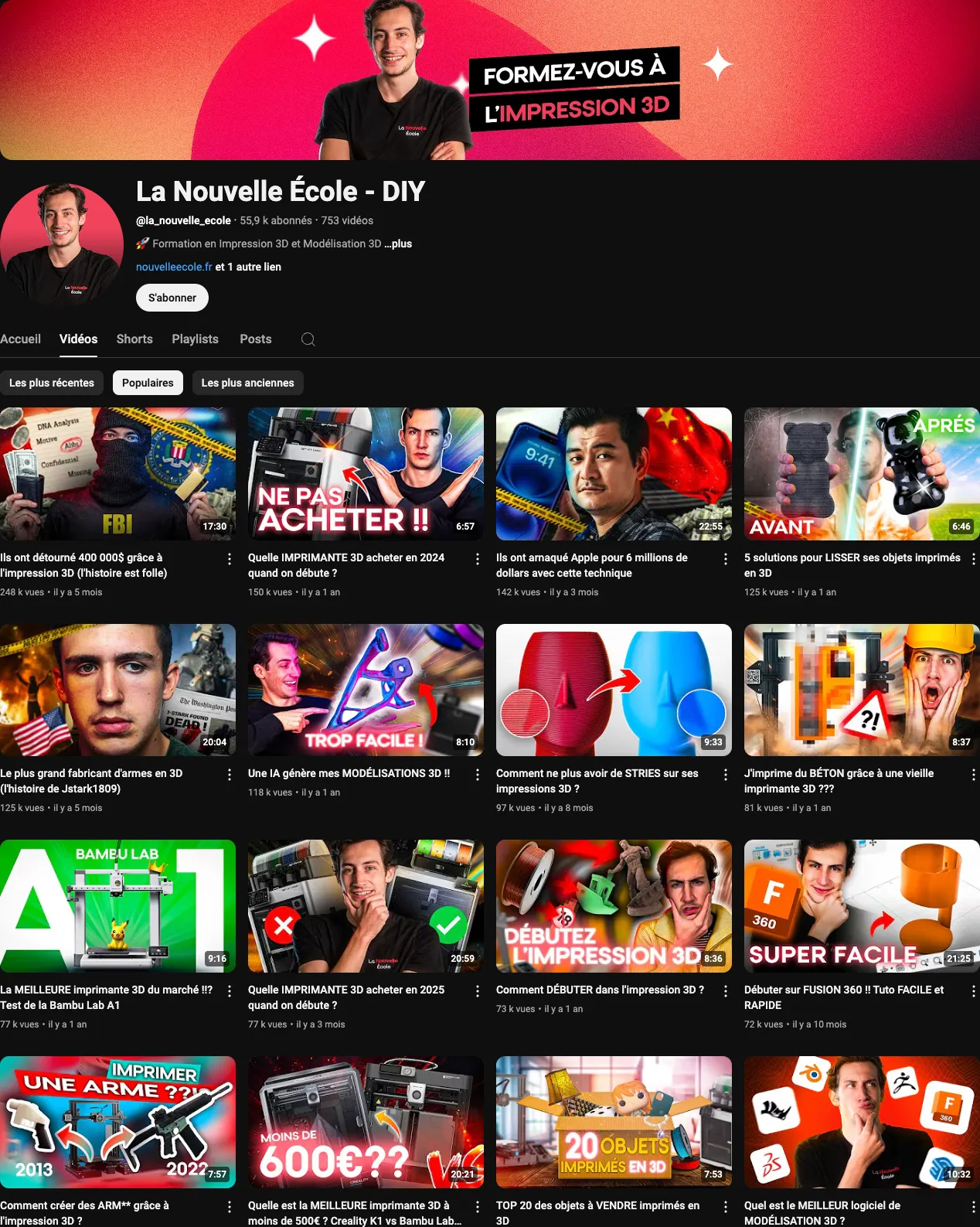 Aperçu de la chaîne YouTube La Nouvelle École dédiée à l'impression 3D