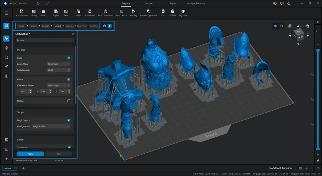 Interface d'un slicer résine avec une pièce orientée et supportée pour l'impression SLA
