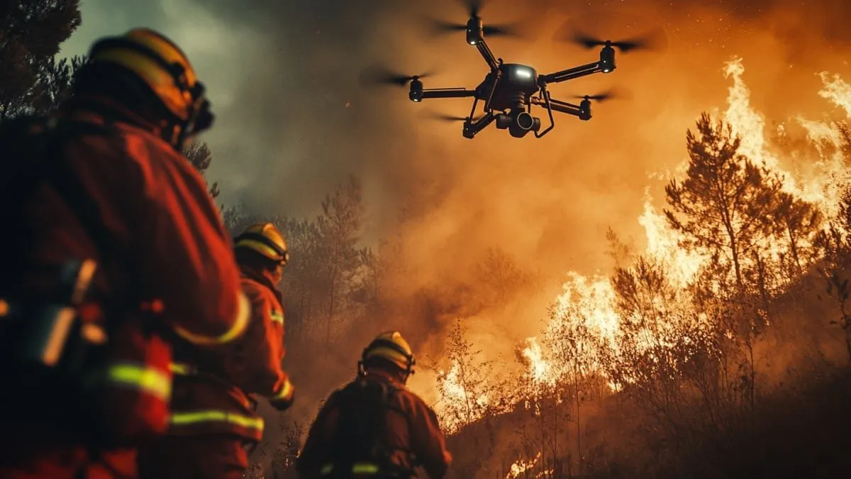 Pompiers combattant un incendie de forêt avec un drone au-dessus d'eux