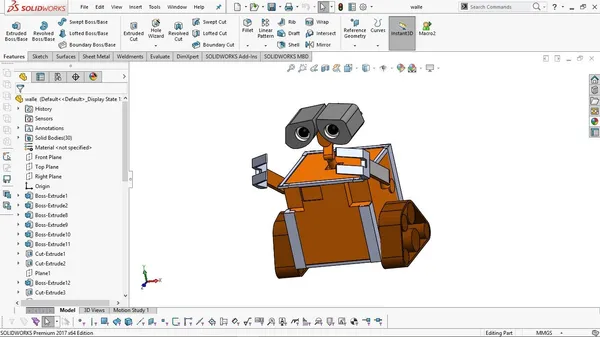Un robot en 3D modélisé dans SOLIDWORKS, avec un corps orange, des réservoirs ou chenilles marrons, et une tête avec deux grands yeux noirs, semblant être une version de WALL-E.