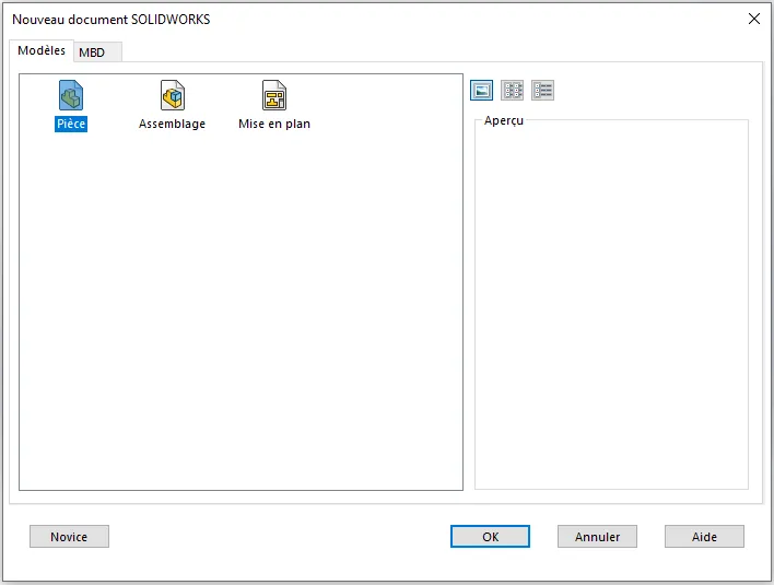Création nouveau document pour un produit SolidWorks