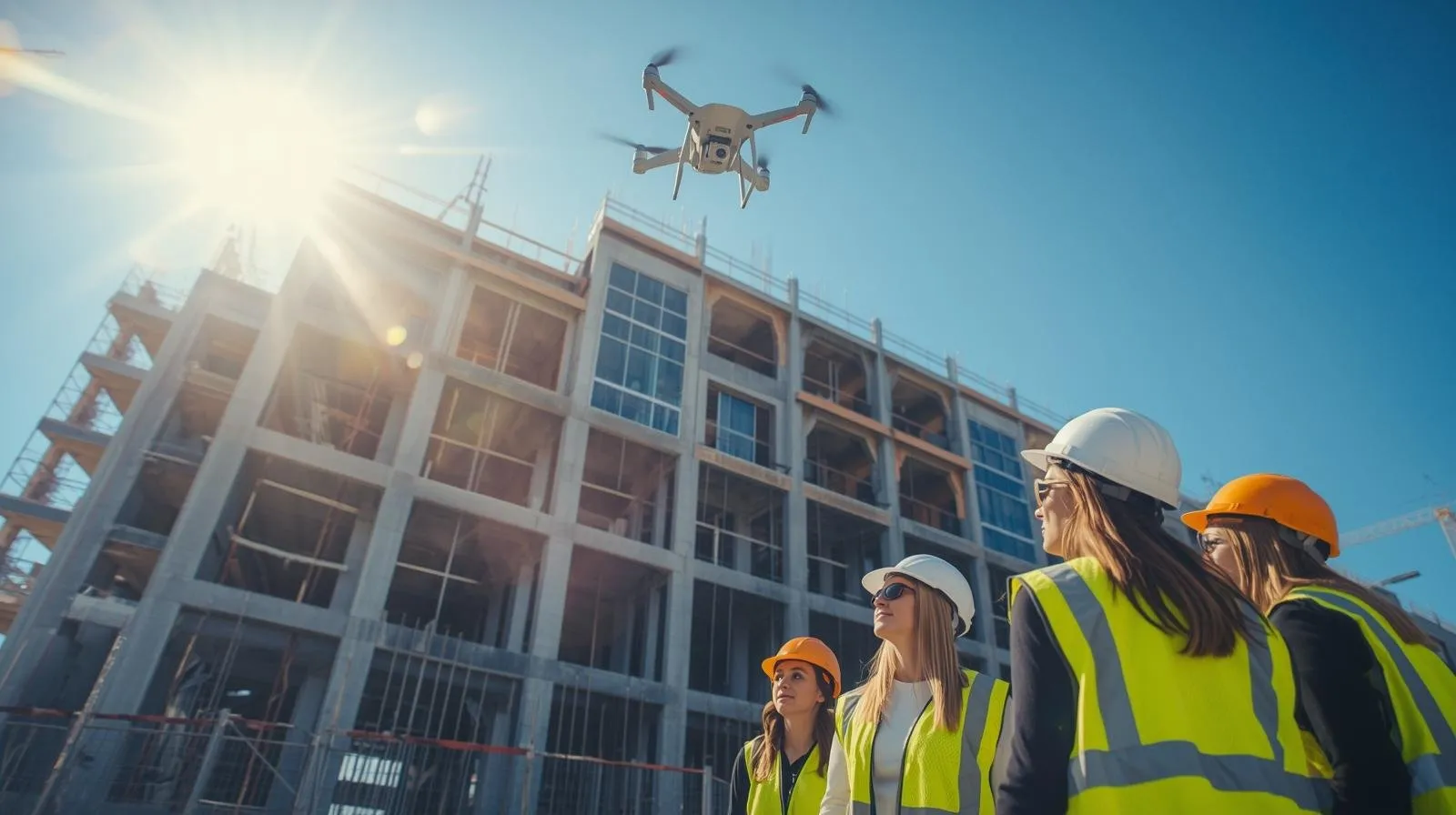 Drone en vol au-dessus d'un chantier de construction avec des ouvriers